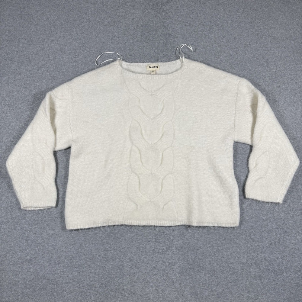 NWT Open Edit Women's Cable Boatneck Sweater L Ivory White Fuzzy Long Sleeve